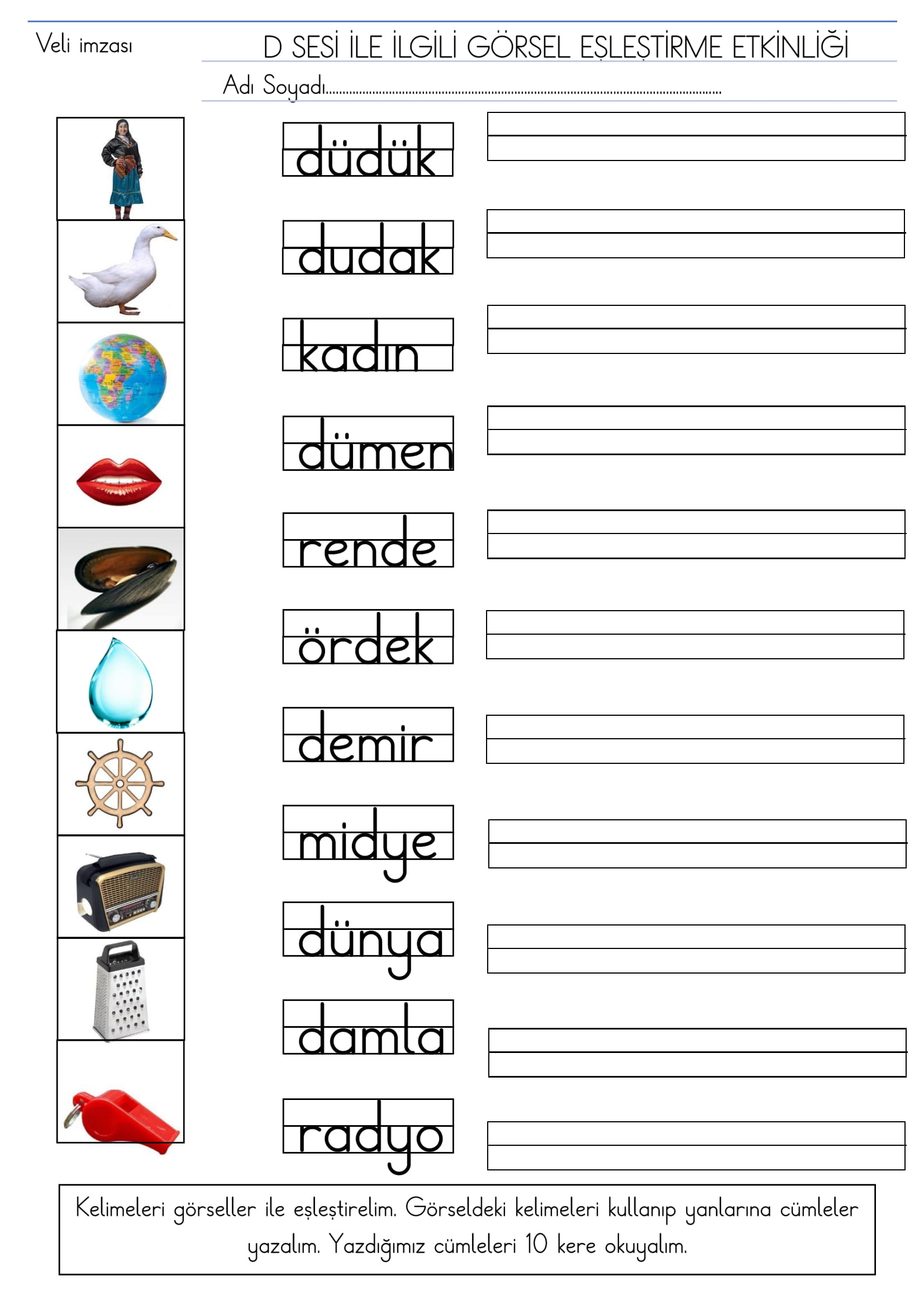 1. Sınıf İlk Okuma Yazma D sesi Görsel Eşleştirme Etkinliği