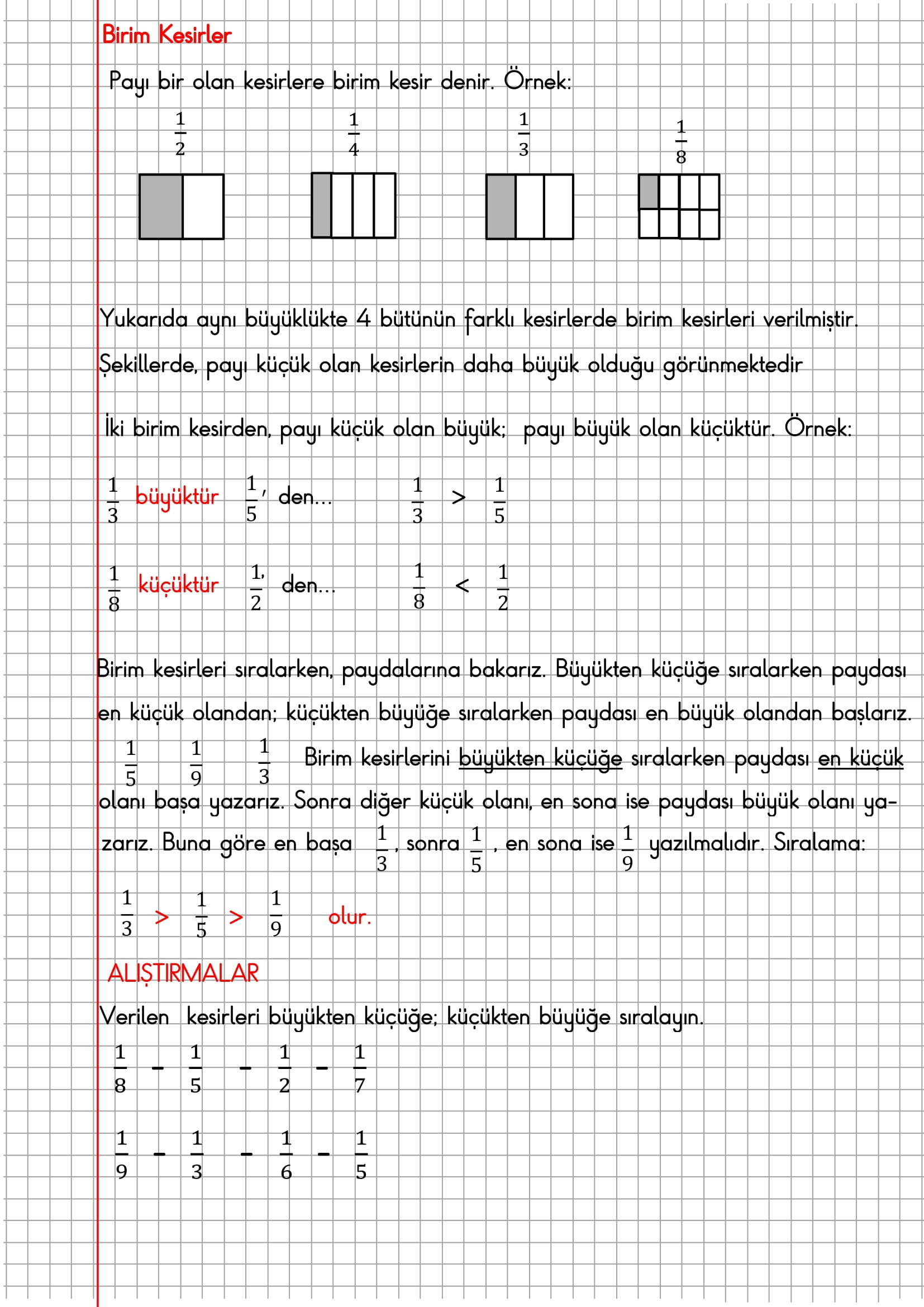 4. Sınıf Matematik Kareli Defterde Birim Kesirler, Karşılaştırma Sıralama Konu Anlatımı