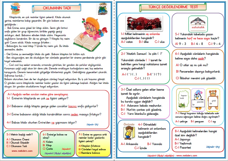 1. Sınıf Türkçe Okumanın Tadı Değerlendirme Çalışması 13