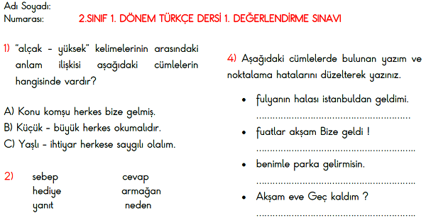 2. Sınıf 1.Dönem Türkçe Genel Değerlendirme Sınavı