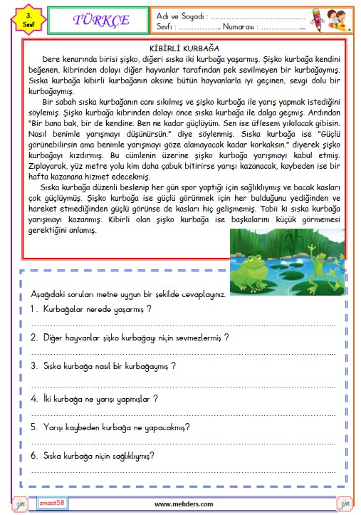 3. Sınıf Türkçe Okuma ve Anlama Metni Etkinliği (Kibirli Kurbağa)