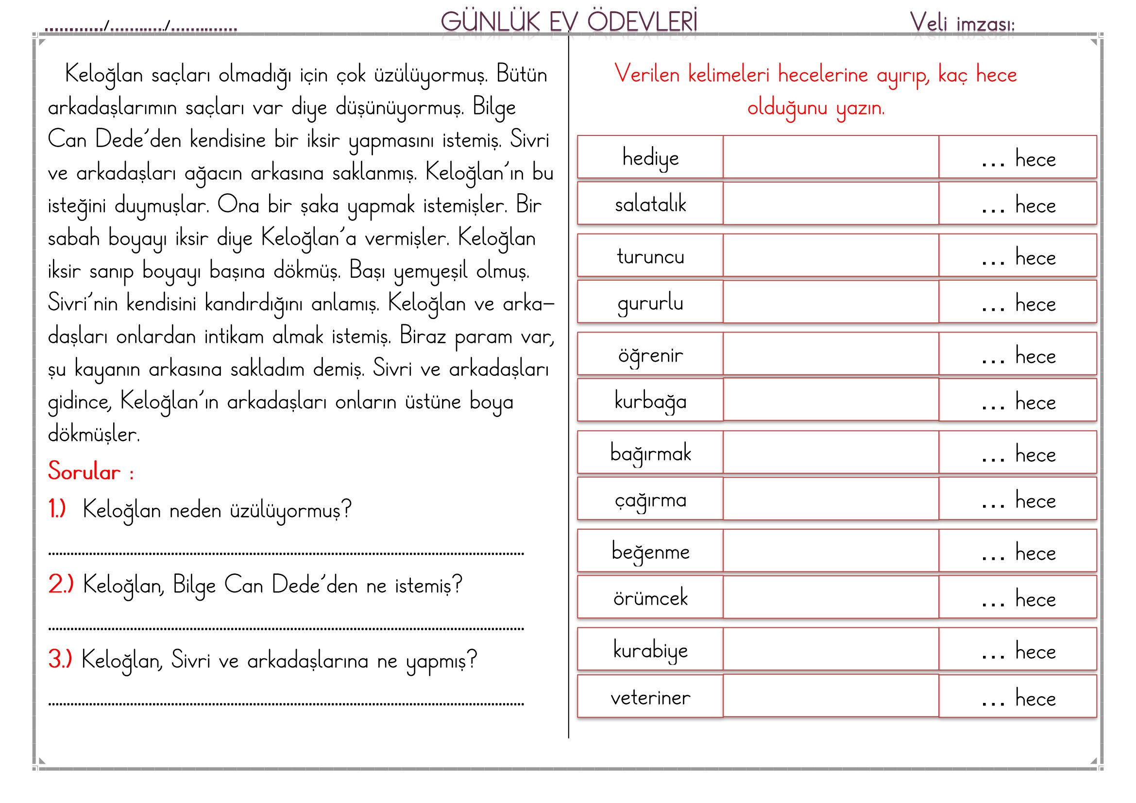 1. Sınıf - 06 Mart 2026 Günlük Ev Ödevleri
