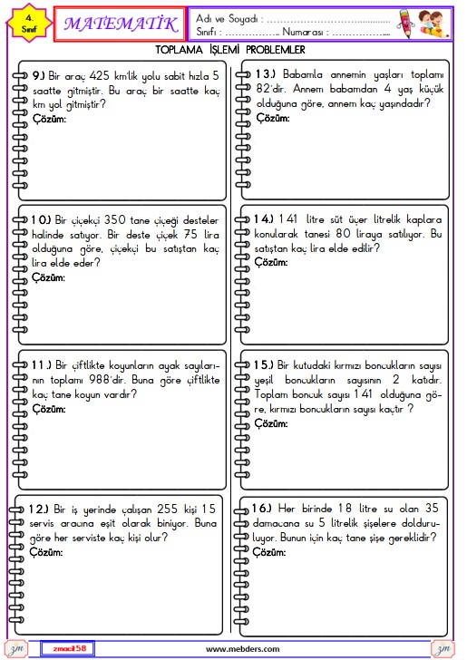 4. Sınıf Matematik Bölme İşlemi Problemleri Etkinliği 3