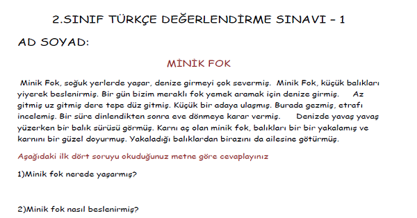 2. Sınıf Türkçe Değerlendirme