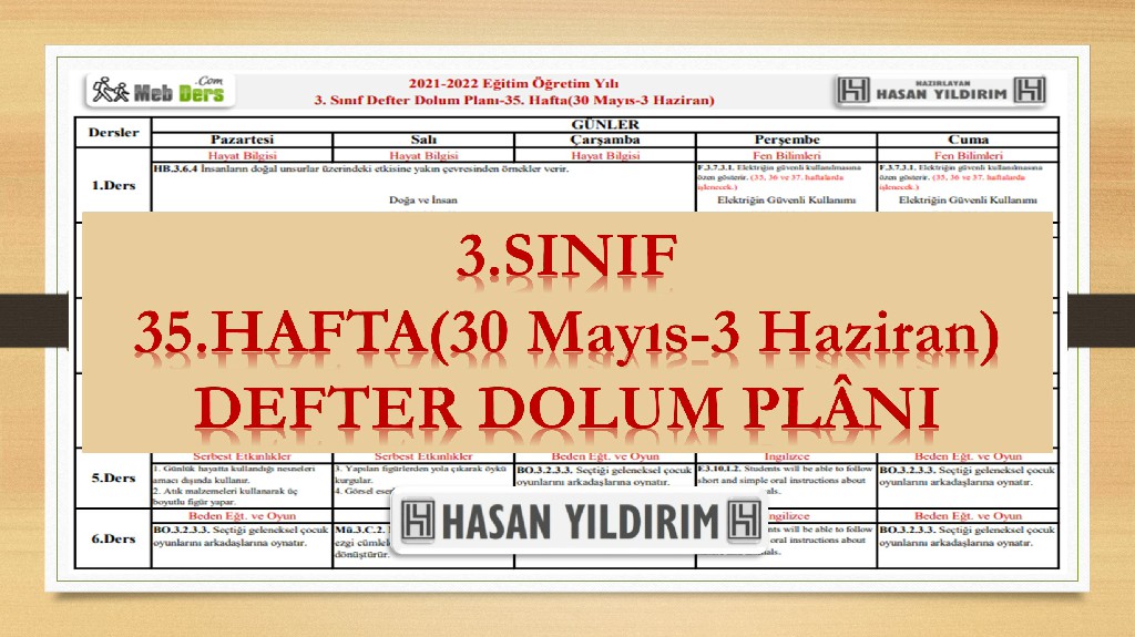 3. Sınıf 35.Hafta(30 Mayıs-3 Haziran) Defter Dolum Planı