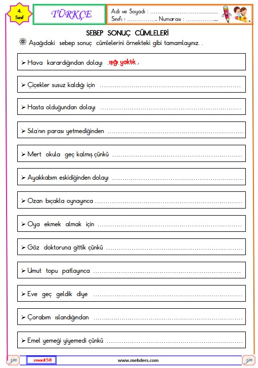 4. Sınıf Türkçe Sebep Sonuç Cümleleri Etkinliği 3
