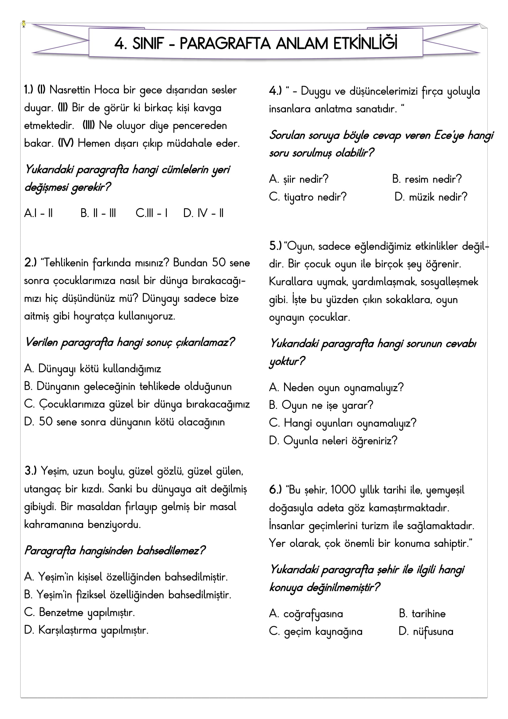 4. Sınıf - Türkçe - Paragrafta Anlam Etkinliği - 2