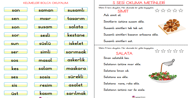 1. Sınıf İlk Okuma Yazma S-s Sesi Kelime Ve Metin Okuma Etkinliği