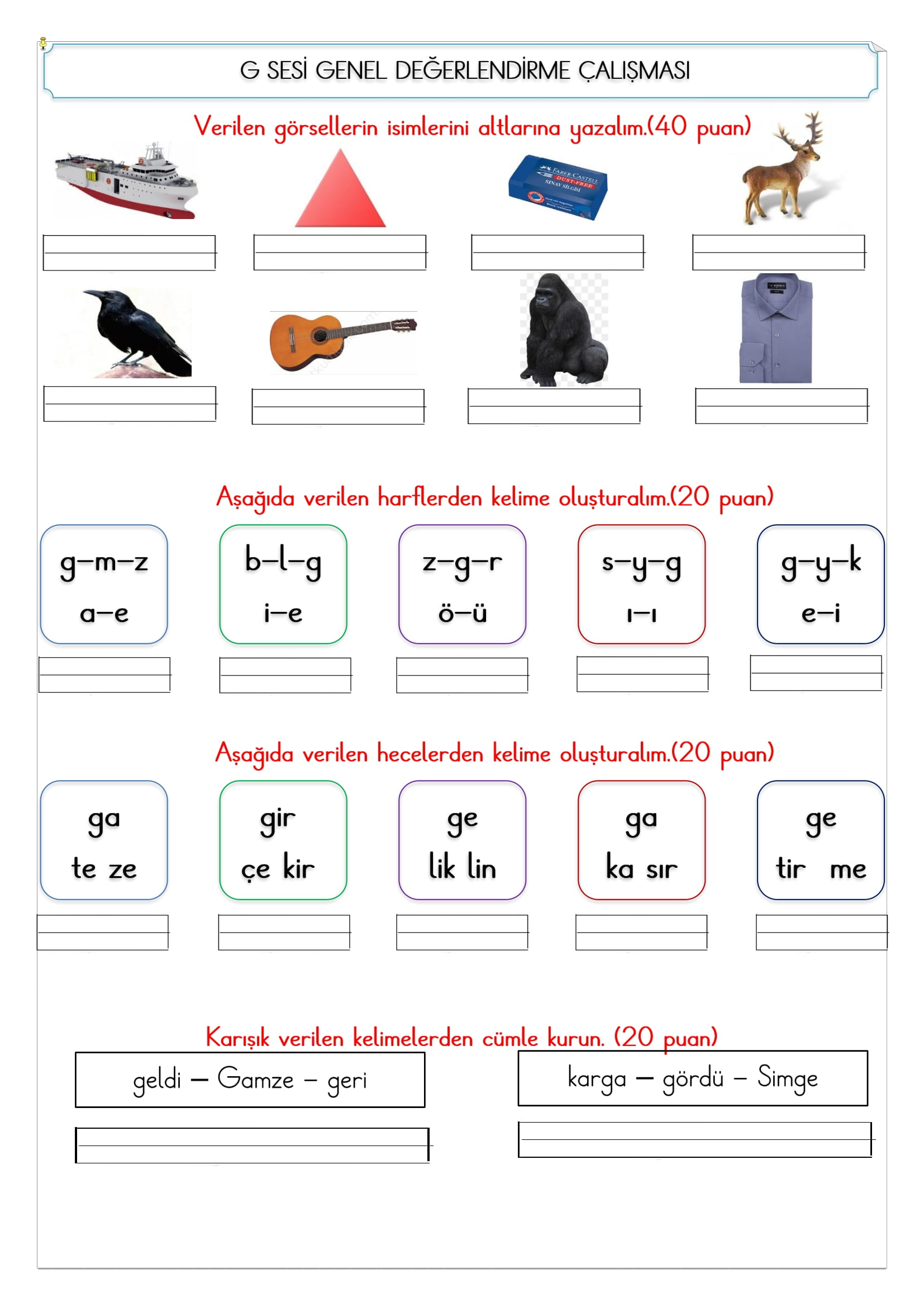 1. Sınıf İlk Okuma Yazma G Sesi Değerlendirme Çalışması 2