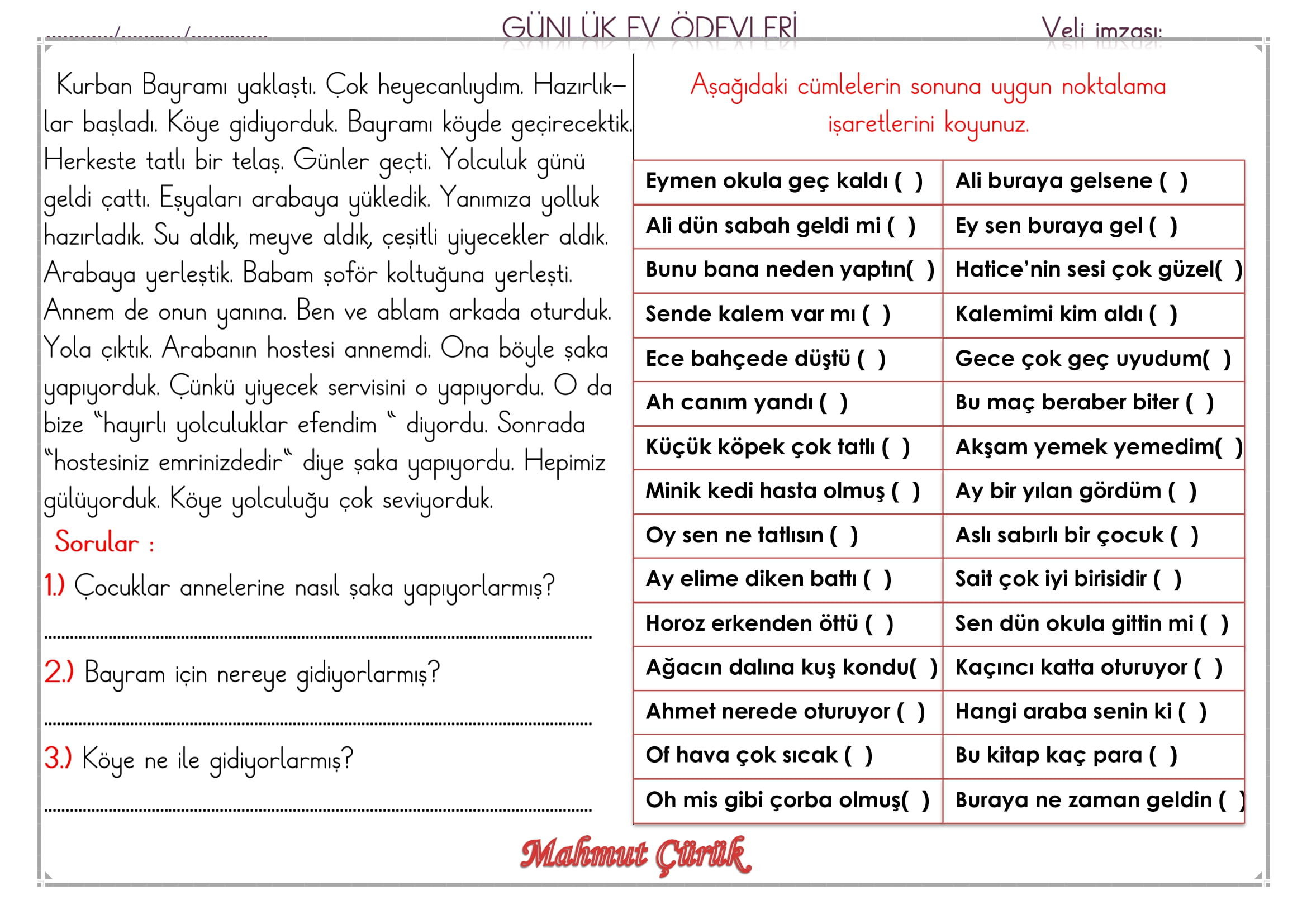 1. Sınıf 12 Mayıs 2025 Günlük Ev Ödevi