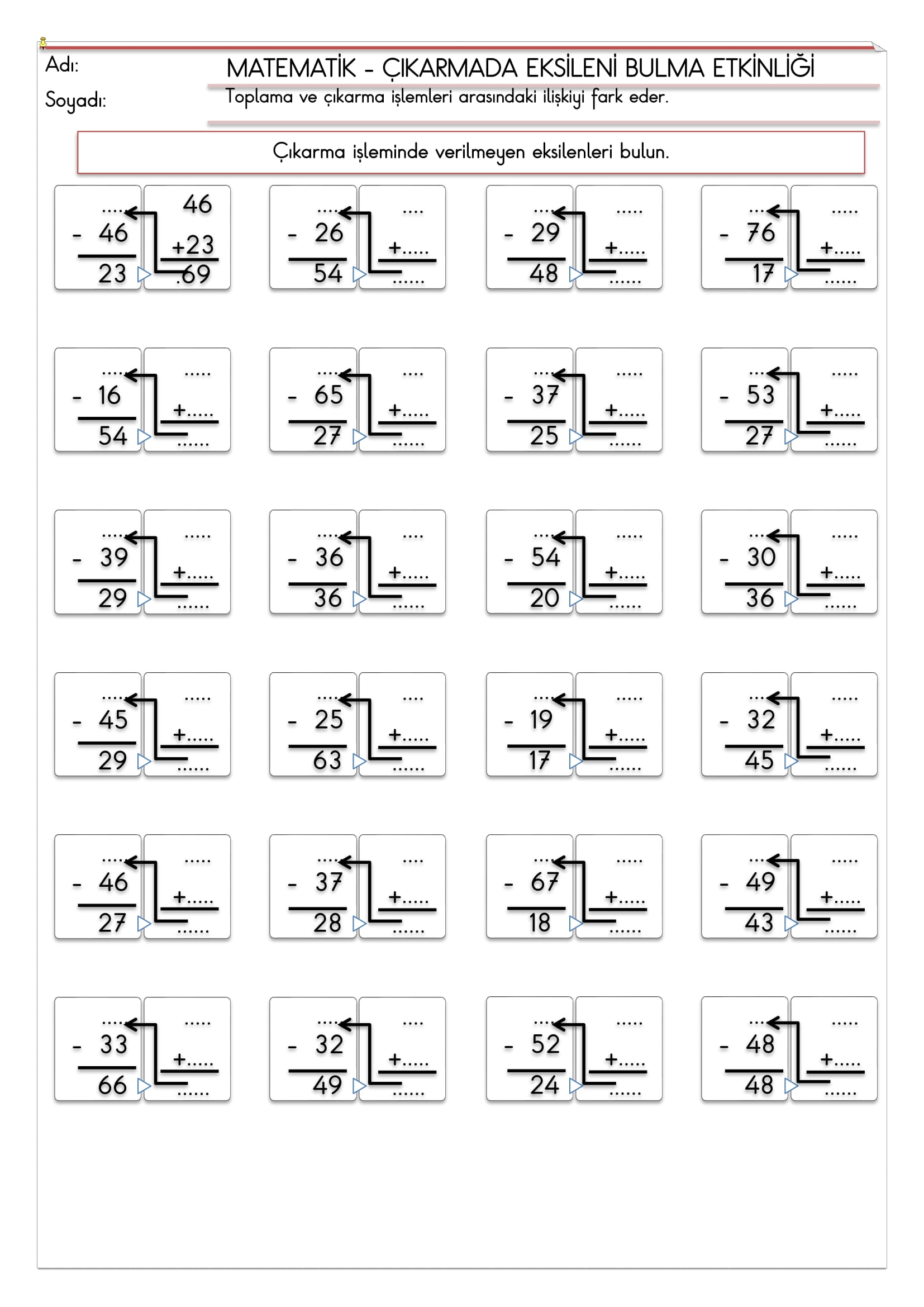 2. Sınıf - Matematik - Çıkarmada Eksileni Bulma Etkinliği-1