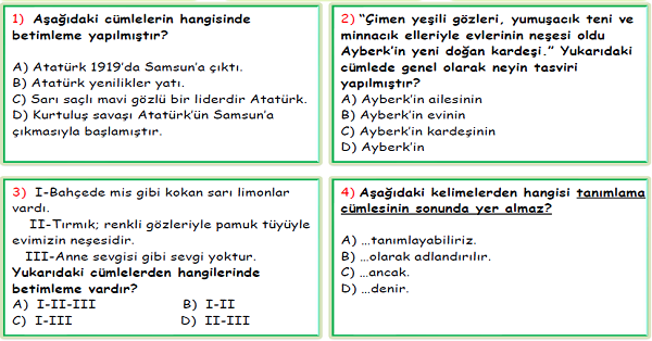 4. Sınıf Türkçe Betimleme İfadeleri Test