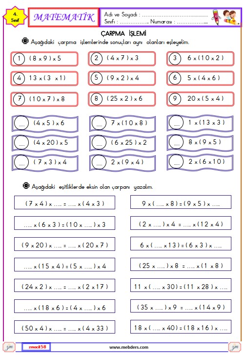 4. Sınıf Matematik Parantezli Çarpma İşlemi Etkinliği 3