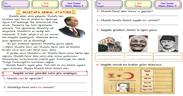 1. Sınıf Türkçe Özel İsimler-Okuma Metni (Atatürk)