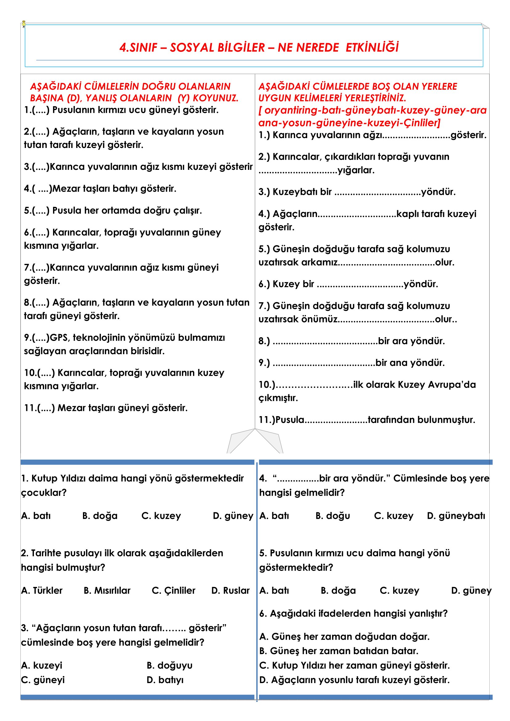 4. Sınıf - Sosyal Bilgiler - Ne Nerede Etkinliği