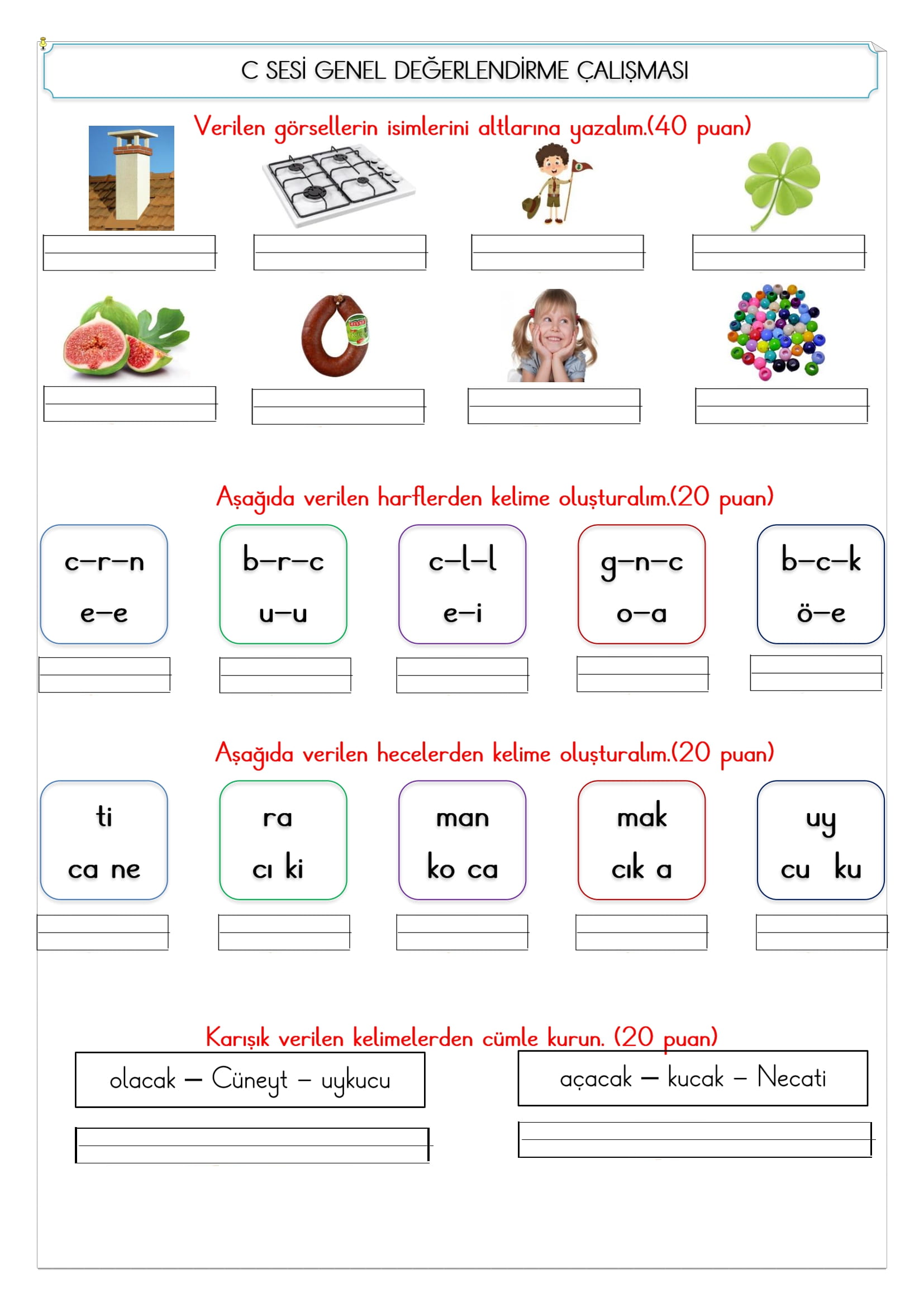 1. Sınıf İlk Okuma Yazma C Sesi Değerlendirme Çalışması 2