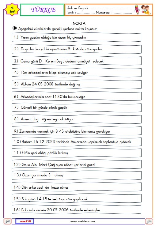 4. Sınıf Türkçe Nokta Etkinliği 5