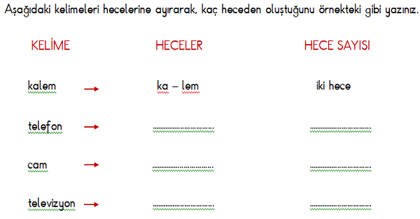 1. Sınıf Türkçe Hece ve Kelime Çalışma Etkinliği 4