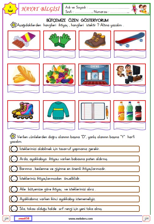 3. Sınıf Hayat Bilgisi İstekler ve İhtiyaçlar Etkinliği