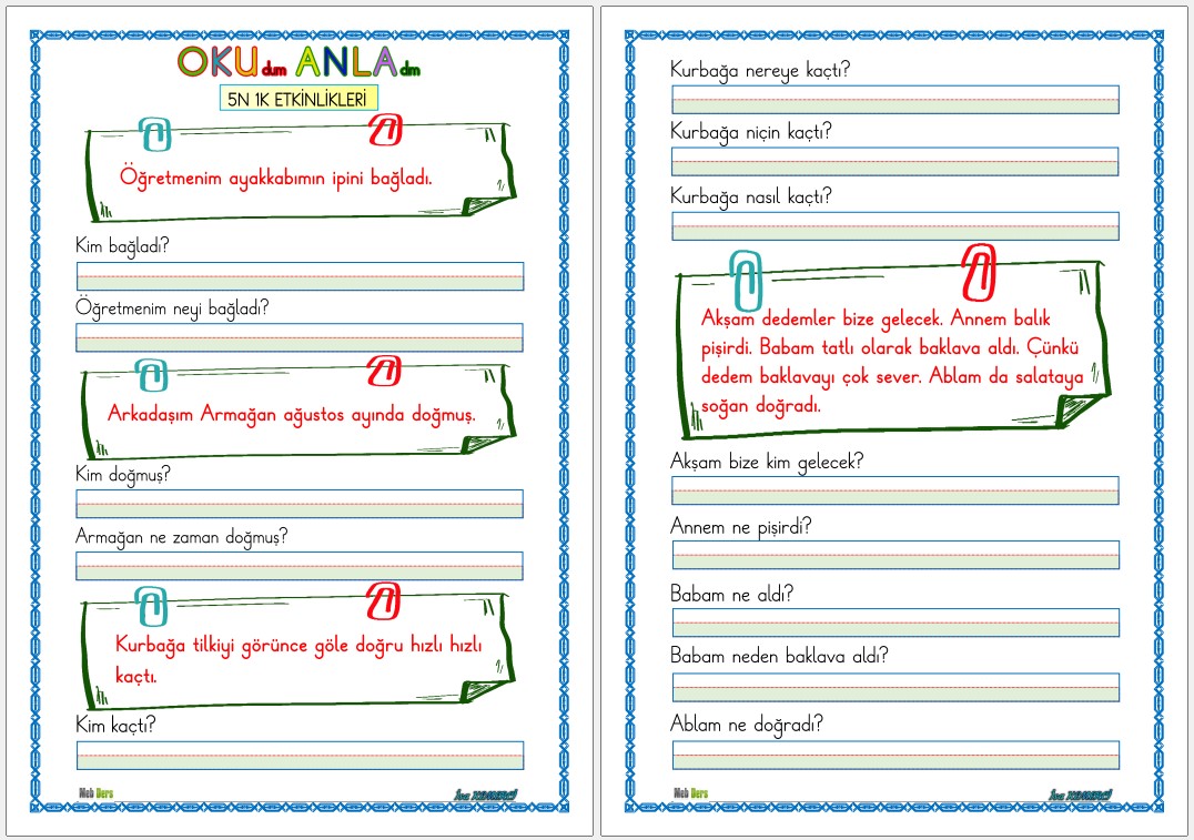 1. Sınıf İlk Okuma Yazma Ğ Sesi OKUMA ANLAMA (5N 1K)