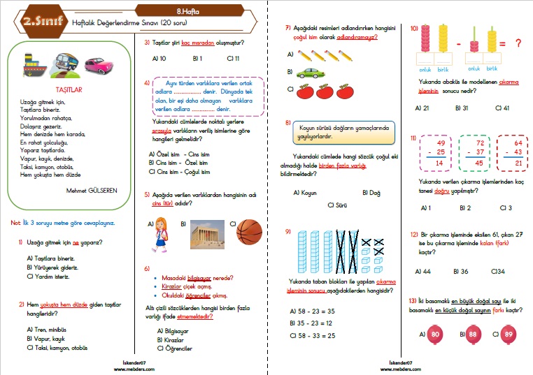 2. Sınıf Haftalık Değerlendirme Testi - 8.Hafta (25-28 Ekim)