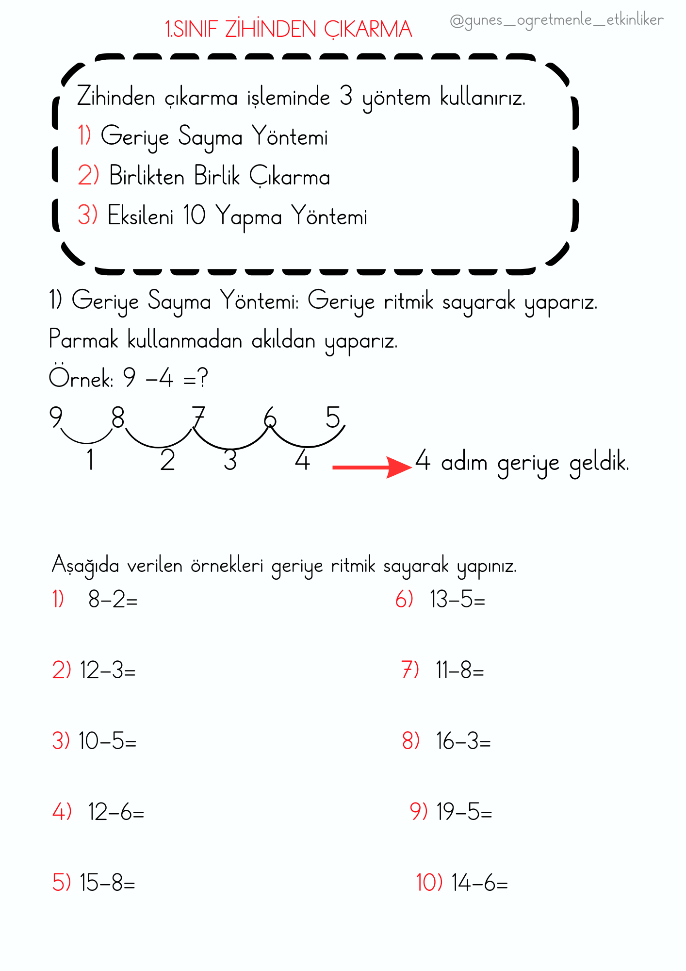 1. Sınıf Matematik Zihinden Çıkarma