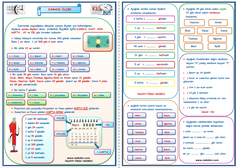 2. Sınıf Matematik Zamanı Ölçme Saat Gün Hafta Ay Yıl Etkinlik Çalışması