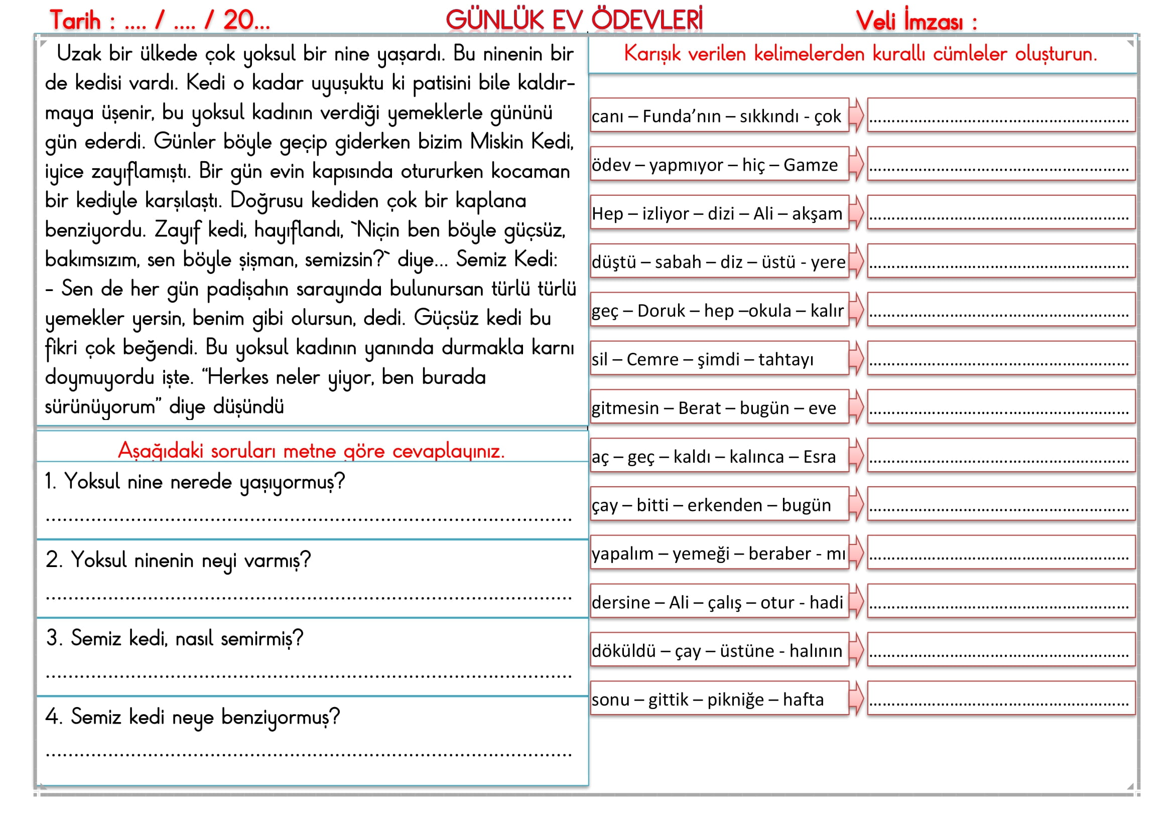 2. Sınıf 20 Eylül 2024 Günlük Ev Ödevleri