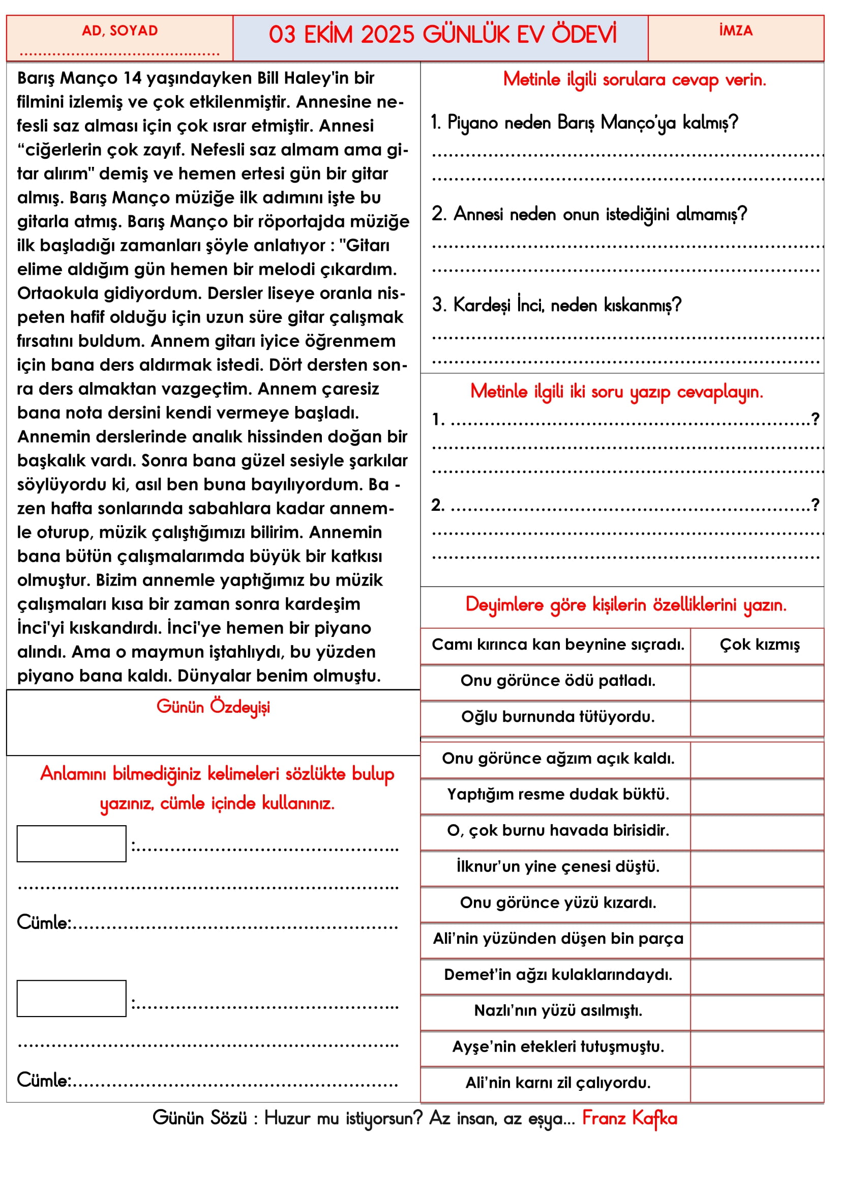 3. Sınıf - 03 Ekim 2025 Günlük Ev Ödevleri