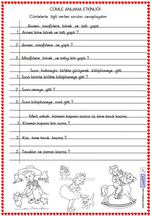 1. Sınıf Türkçe Cümle Anlama Etkinliği Etkinliği 7