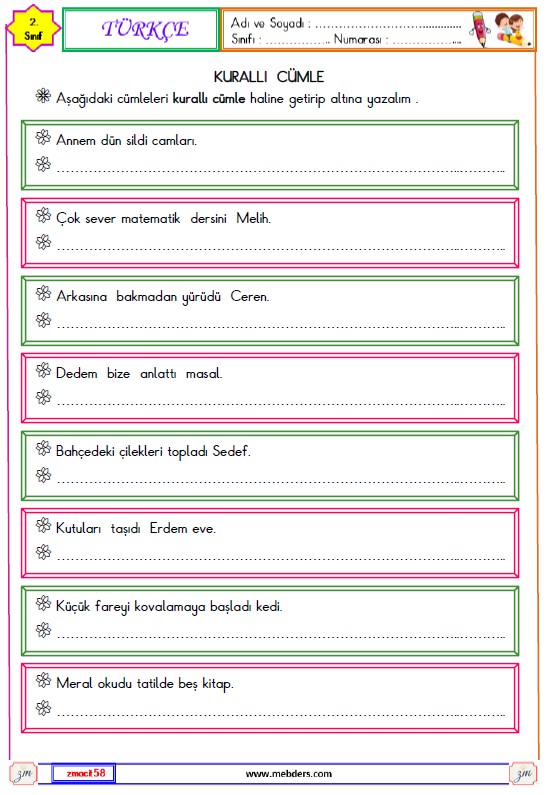 2. Sınıf Türkçe Kurallı Cümle Etkinliği
