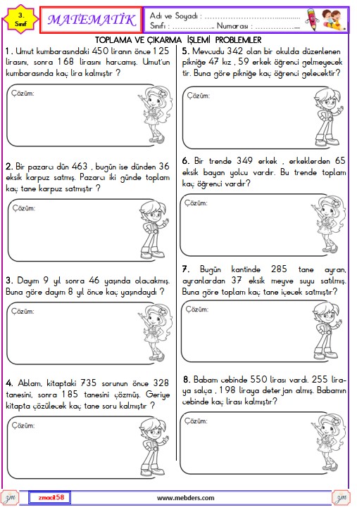 3. Sınıf Matematik Toplama ve Çıkarma İşlemi Problemler Etkinliği 4