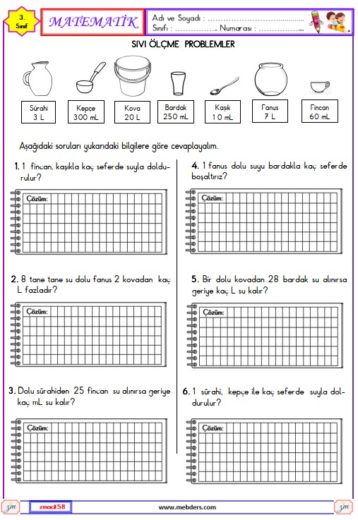 4. Sınıf Matematik Sıvılar ile İlgili Ölçme Problemleri Etkinliği 6