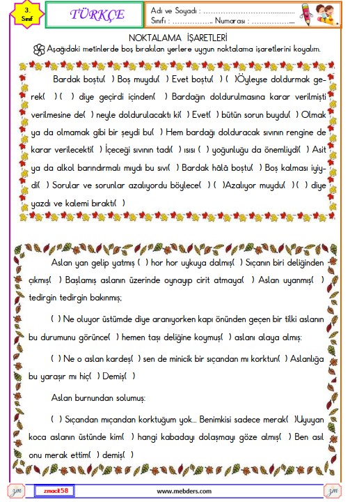 3. Sınıf Türkçe Noktalama İşaretleri Etkinliği 3
