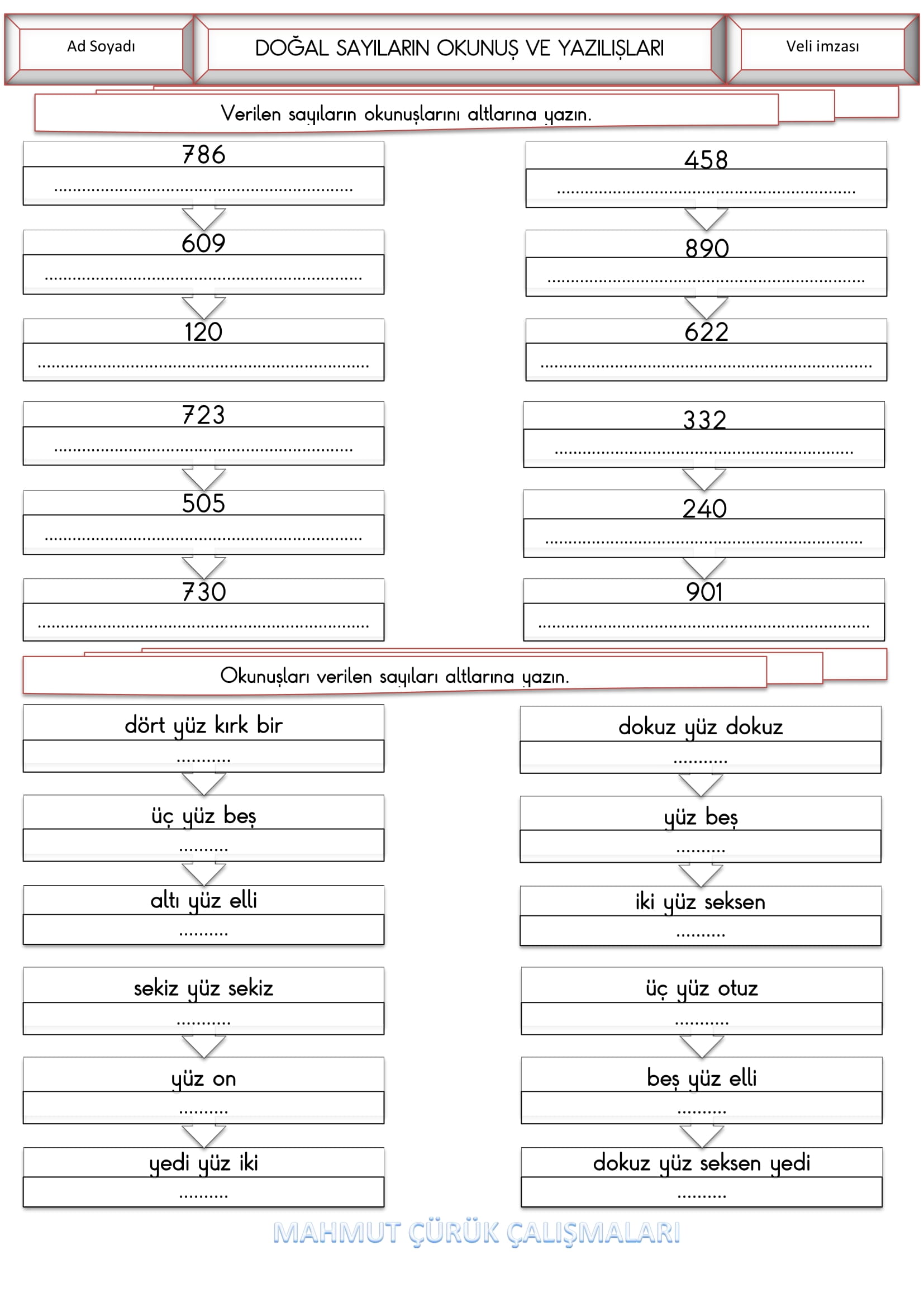 3. Sınıf - Matematik Üç Basamaklı Sayıların Okunuş ve Yazılışları Etkinliği