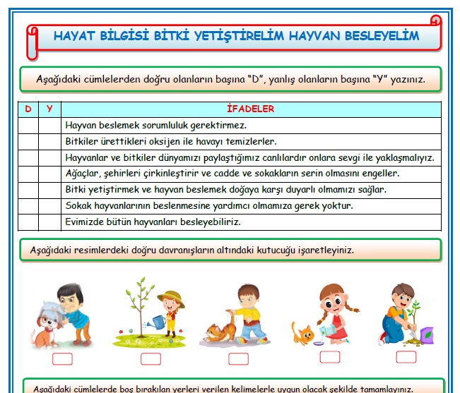 2. Sınıf Hayat Bilgisi Bitki Yetiştirelim Hayvan Besleyelim Etkinlik Çalışması