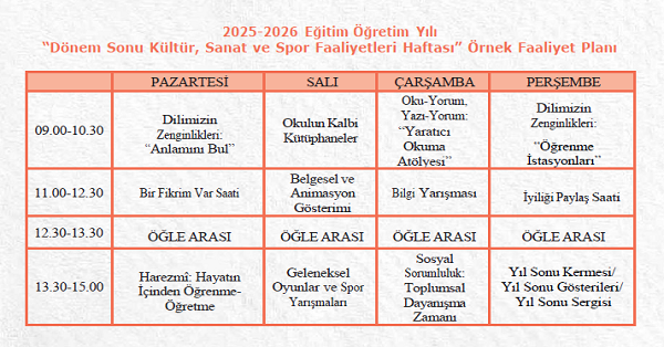 2025-2026 Yıl Sonu Faaliyet Haftası Planı