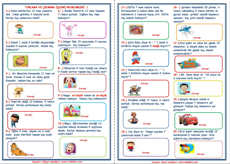 1. Sınıf Matematik Toplama ve Çıkarma İşlemi Problemleri 1 (20 Soru-2 Sayfa)