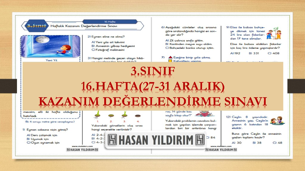 3. Sınıf Haftalık Değerlendirme Testi-16.Hafta(27-31 Aralık)