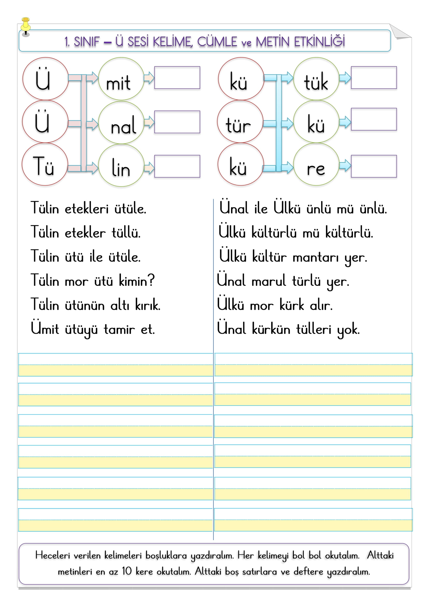 1. Sınıf İlk Okuma Yazma Ü Sesi Kelime, Cümle Ve Metin Etkinliği