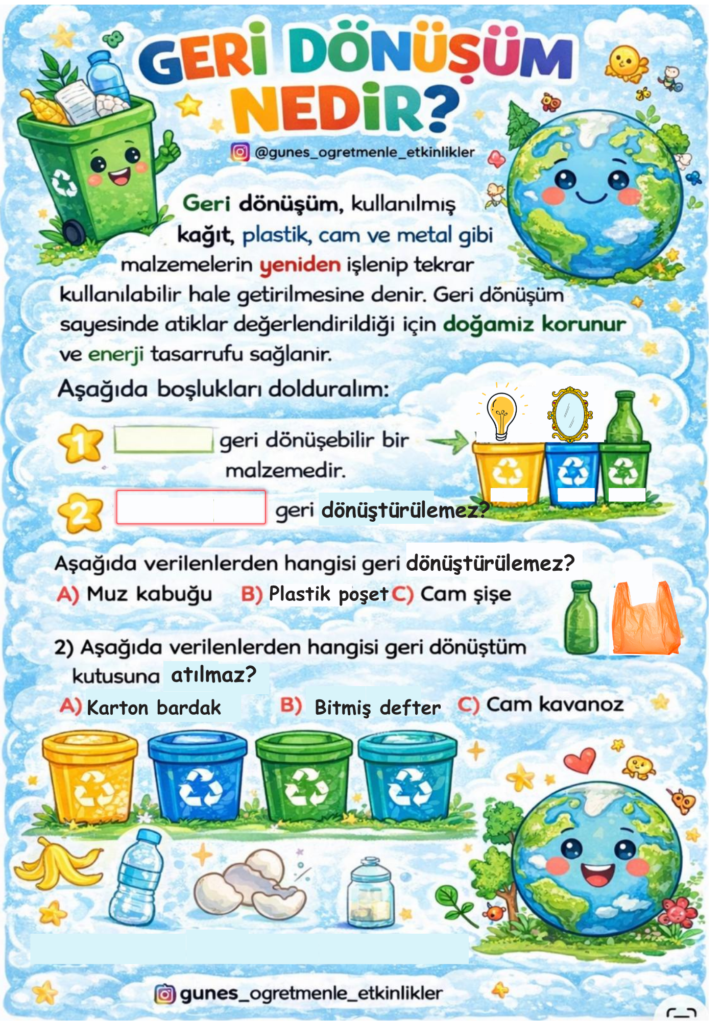 1. Sınıf Hayat Bilgisi Geri Dönüşüm Konusu (8 Sayfa)
