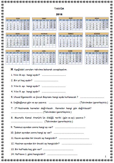 1. Sınıf Matematik Takvim Etkinliği ( 5 Sayfa )