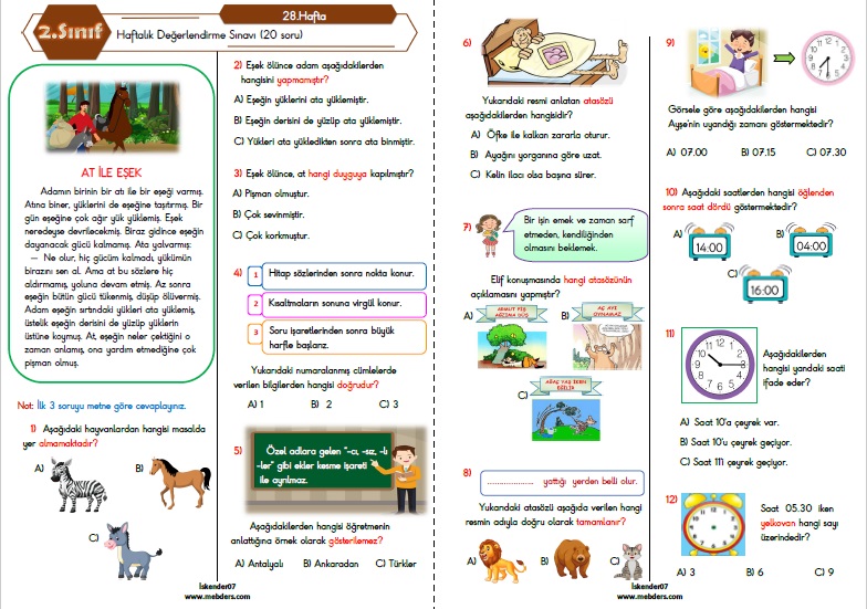 2. Sınıf Haftalık Değerlendirme Testi - 28.Hafta (10-14 Nisan)