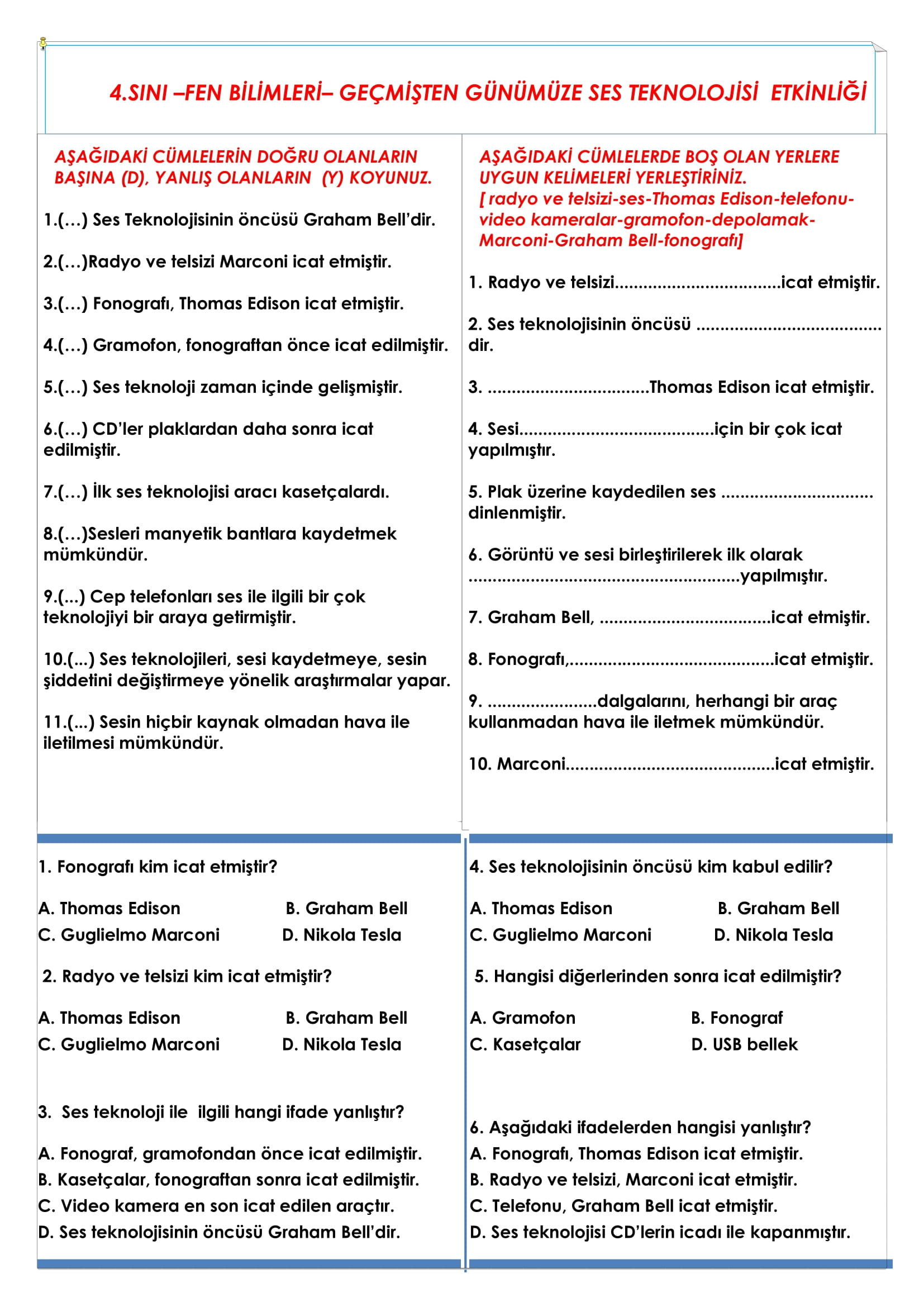 4. Sınıf Fen Bilimleri Geçmişten Günümüze Ses Teknolojisi Etkinliği