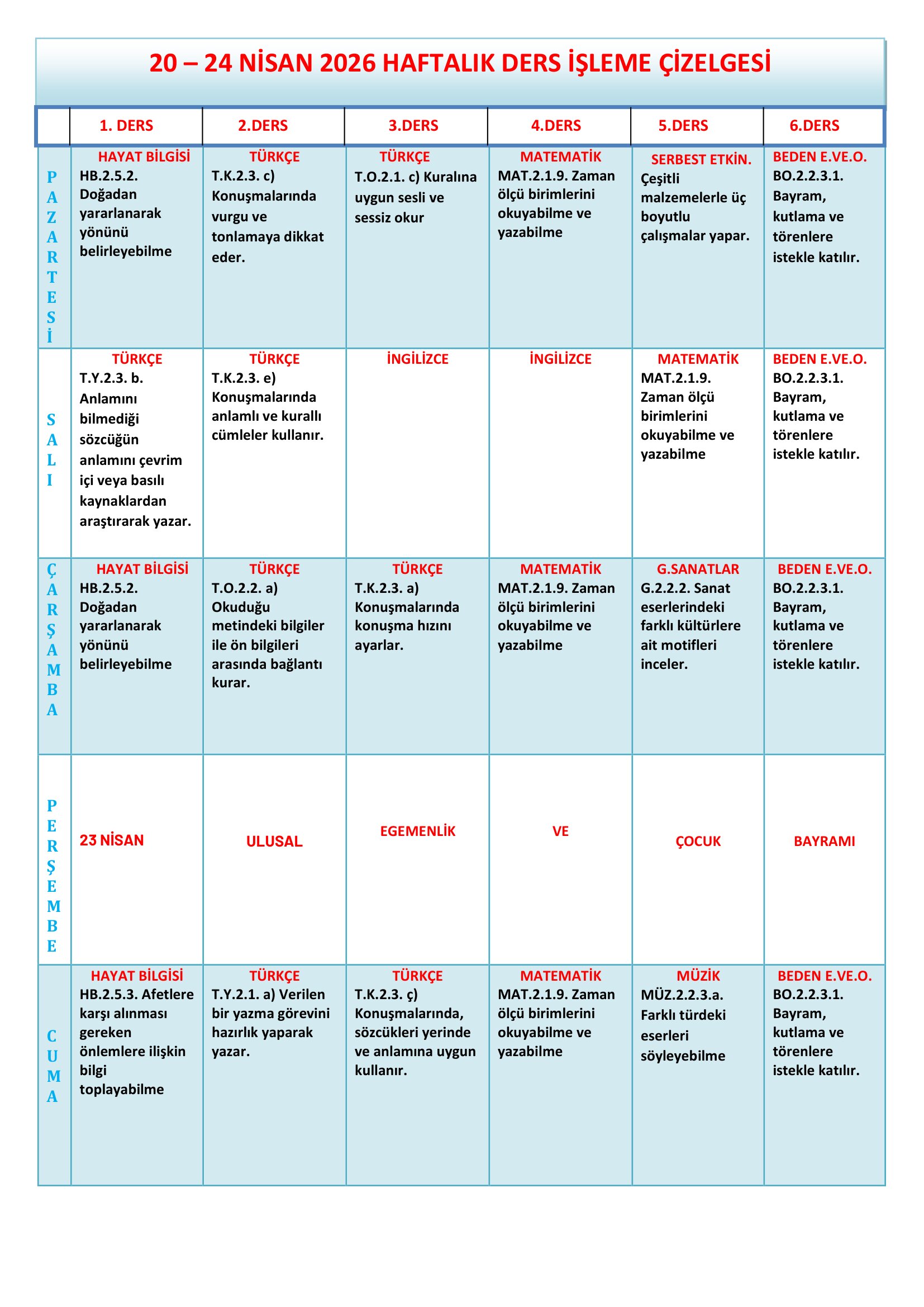 2. Sınıf 20 - 24 Nisan 2026 Haftalık Ders İşleme Çizelgesi.doc