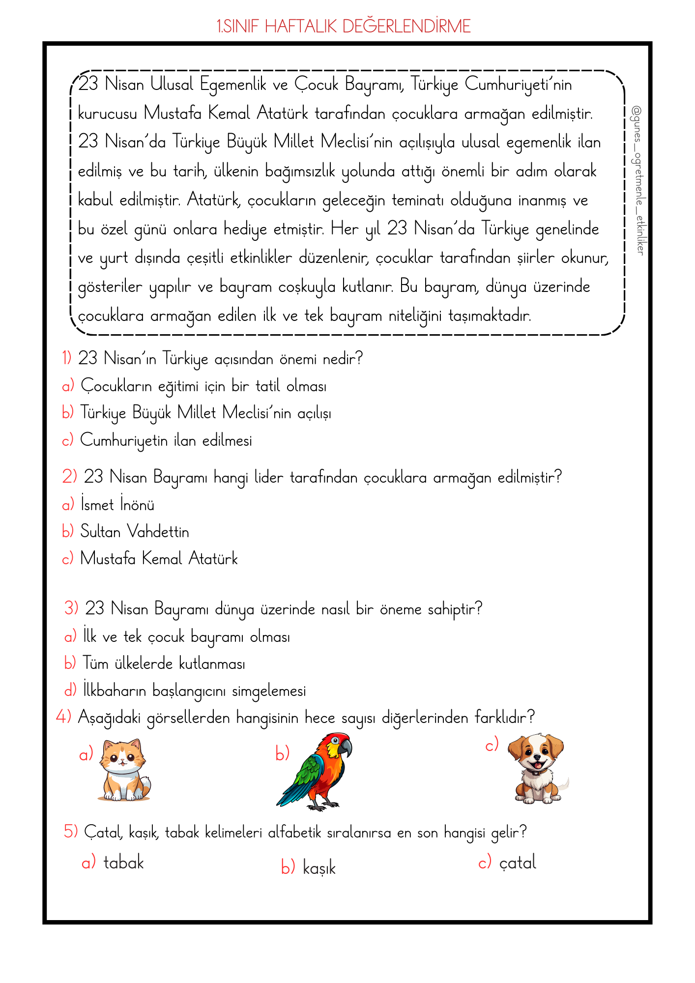 1. Sınıf Haftalık Değerlendirme