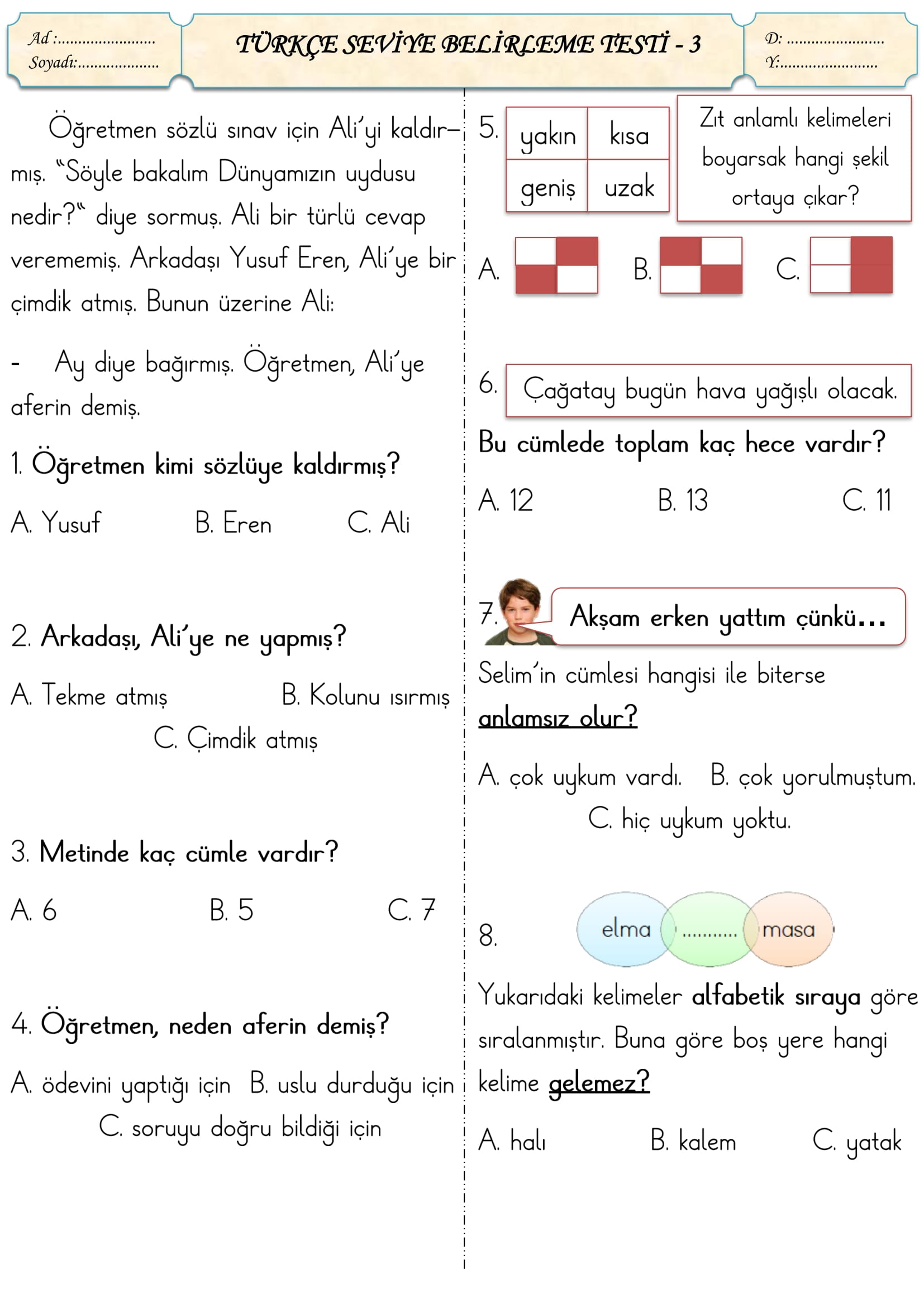 1. Sınıf Türkçe Seviye Belirleme Testi-3