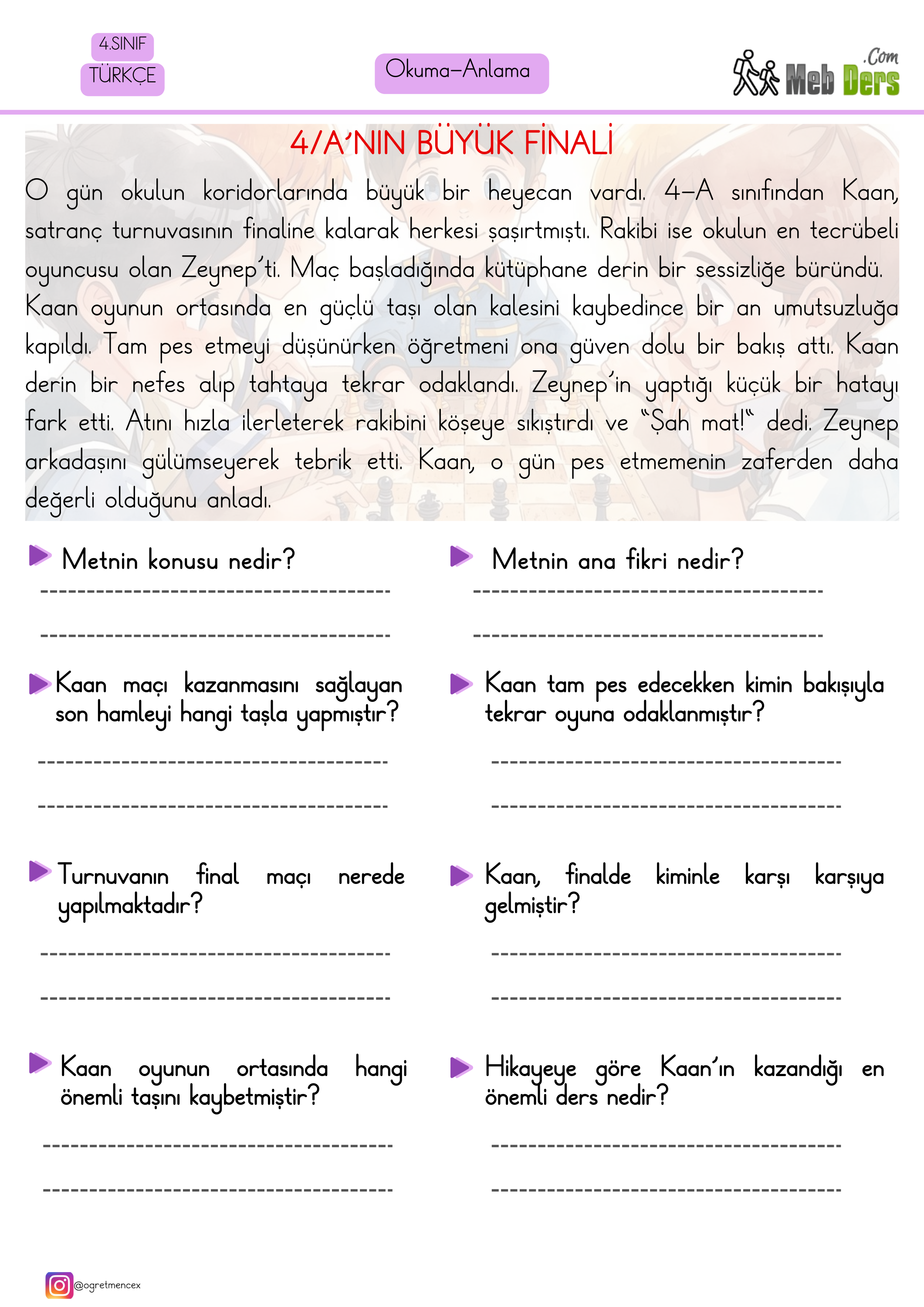 4. Sınıf Türkçe Okuduğunu Anlama Çalışması