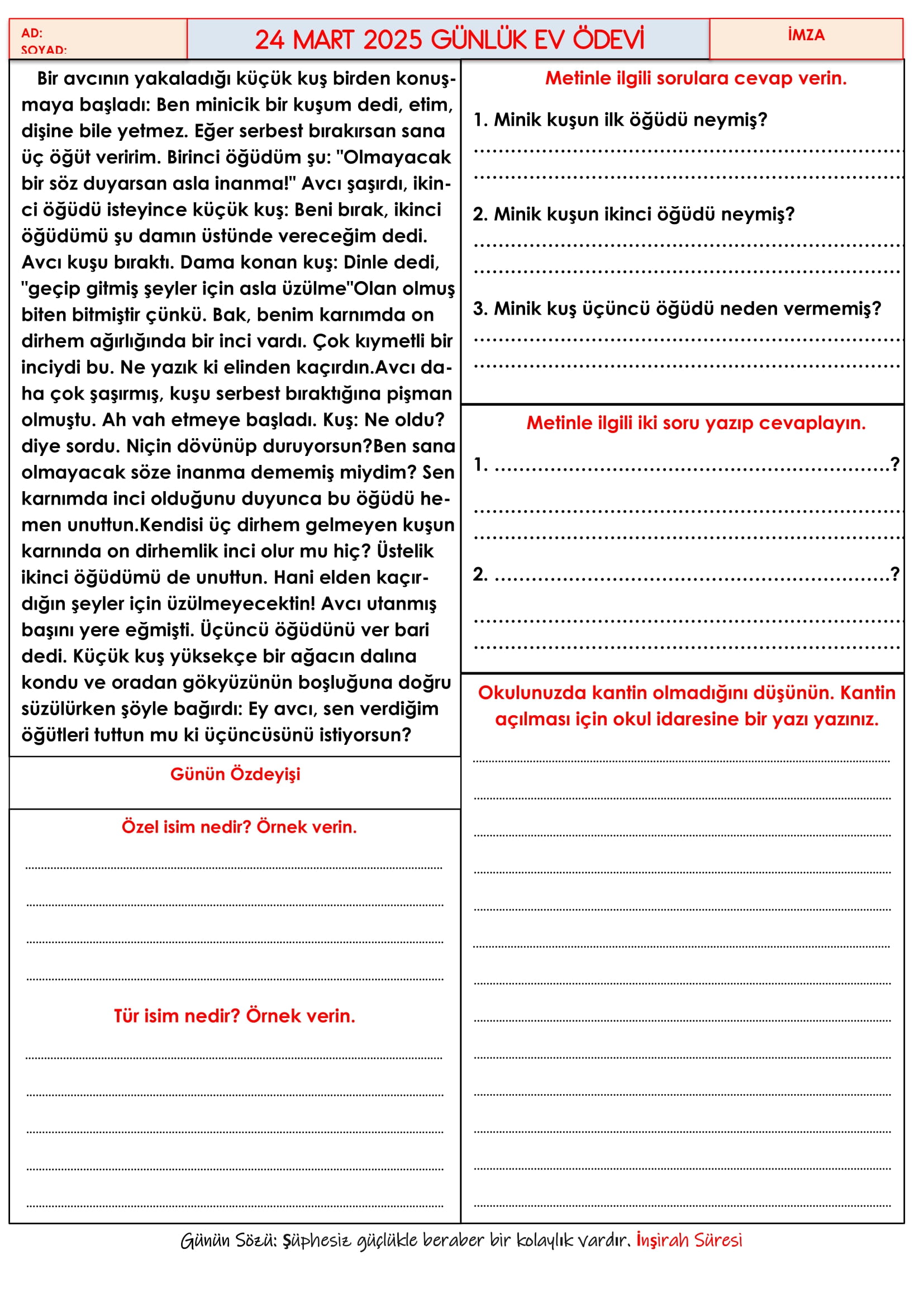 4. Sınıf 24 Mart 2025 Günlük Ev Ödevi