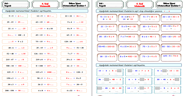 4. Sınıf Matematik Matematiksel İfadelerin Eşitliği-1